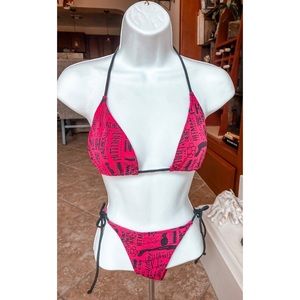 pink and black patterned tie bikini